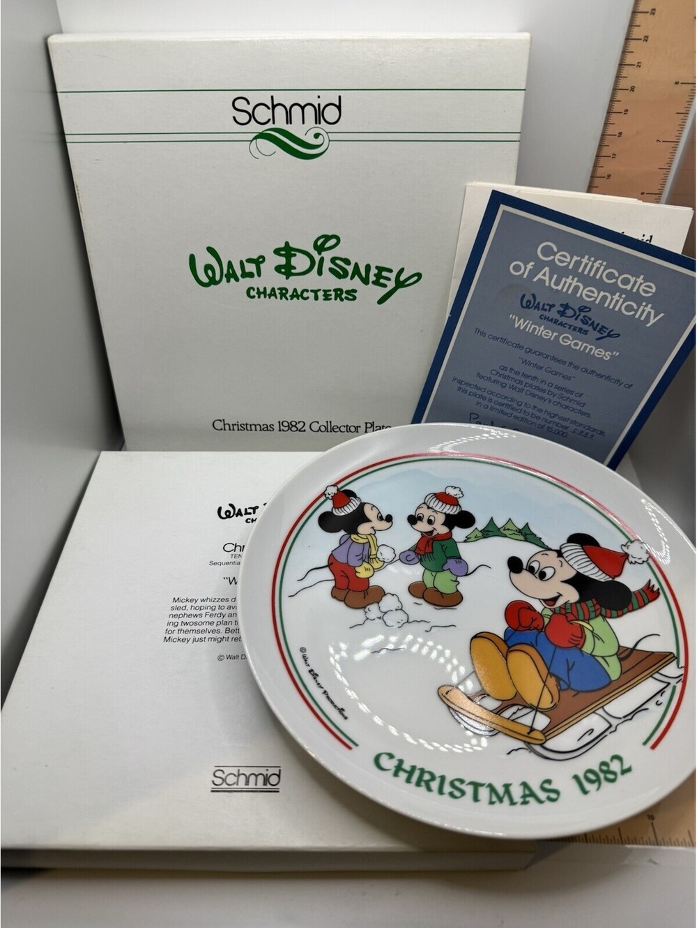 Schmid Disney Christmas 1982 Collector Plate Winter Games Mickey Mouse COA Box